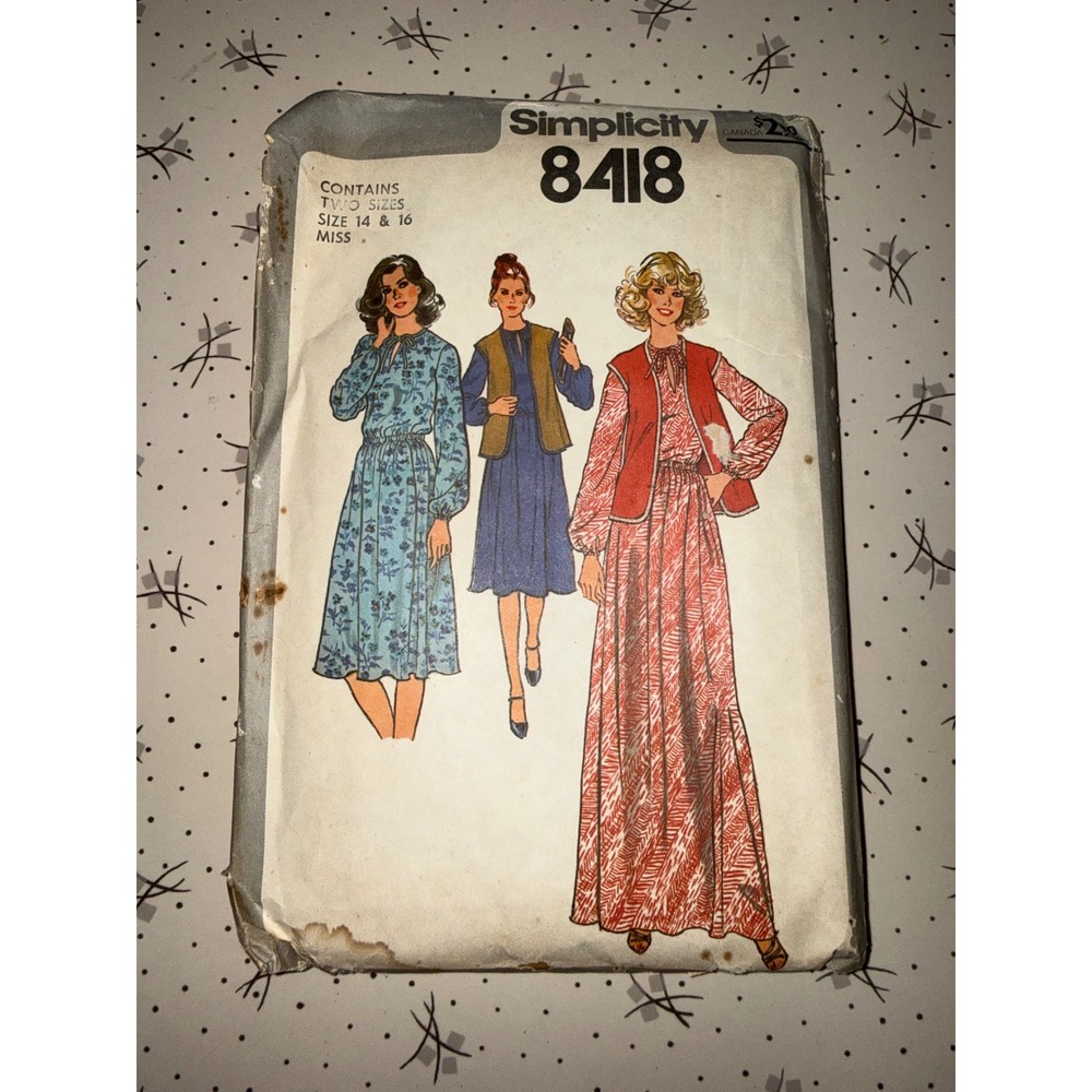 Vintage 1977 Simplicity 8418 Misses Dress and Vest Sewing Pattern Size 14 Boho